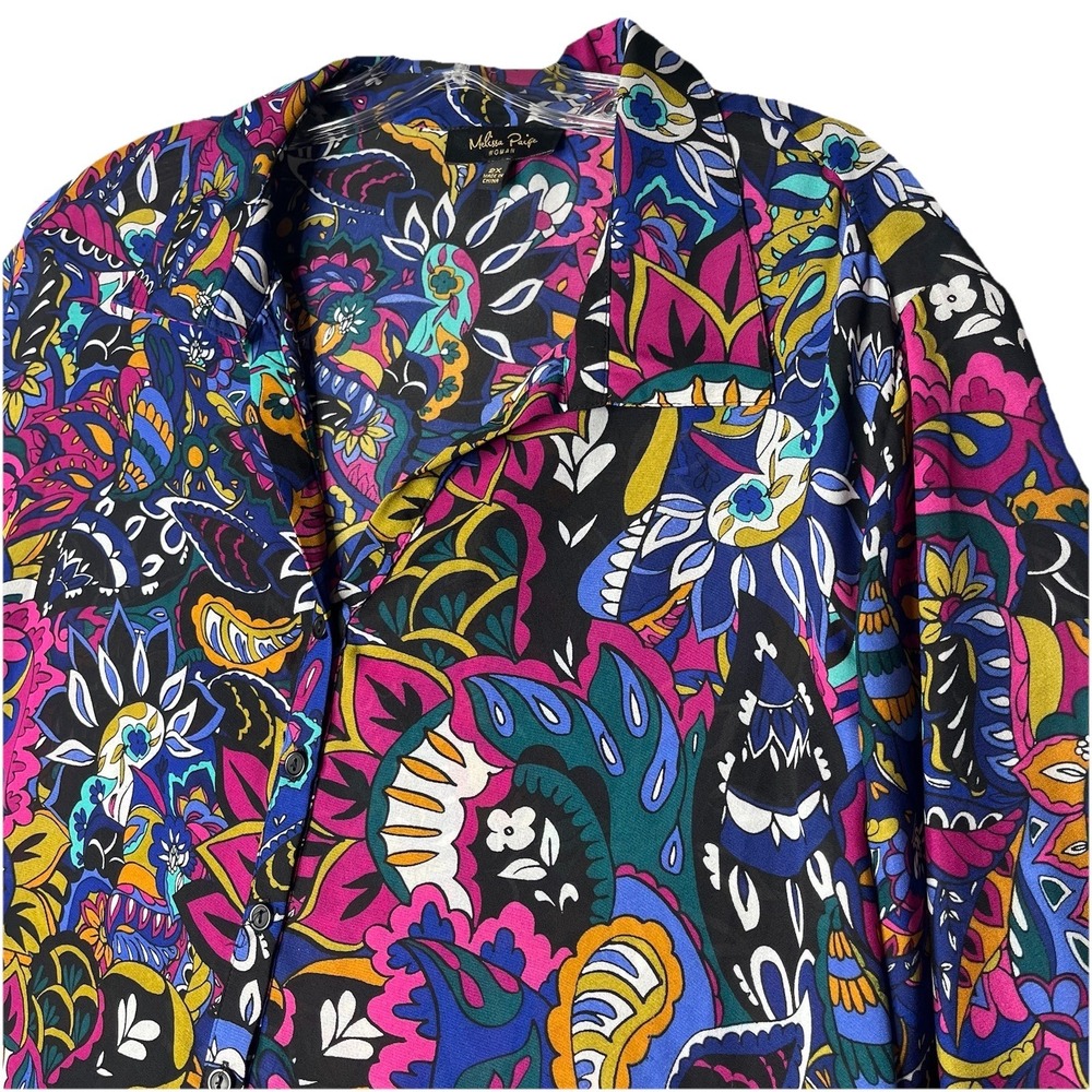 Melissa Paige Blouse Womens 2X Multicolor Paisley Plus Size Roll Tab‎ Sleeves